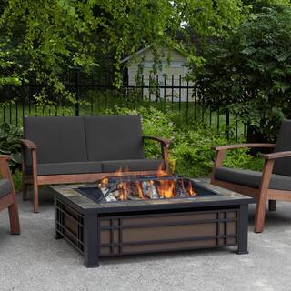 Real Flame Hamilton 44 in. x 13 in. Rectangle Steel and Slate Natural Wood-Burning Fire Pit in Black and Brown with Slate Top 946-NST