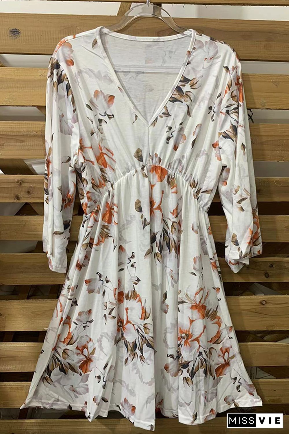 Floral Print Long Sleeve V Neck Short Dress Wholesale