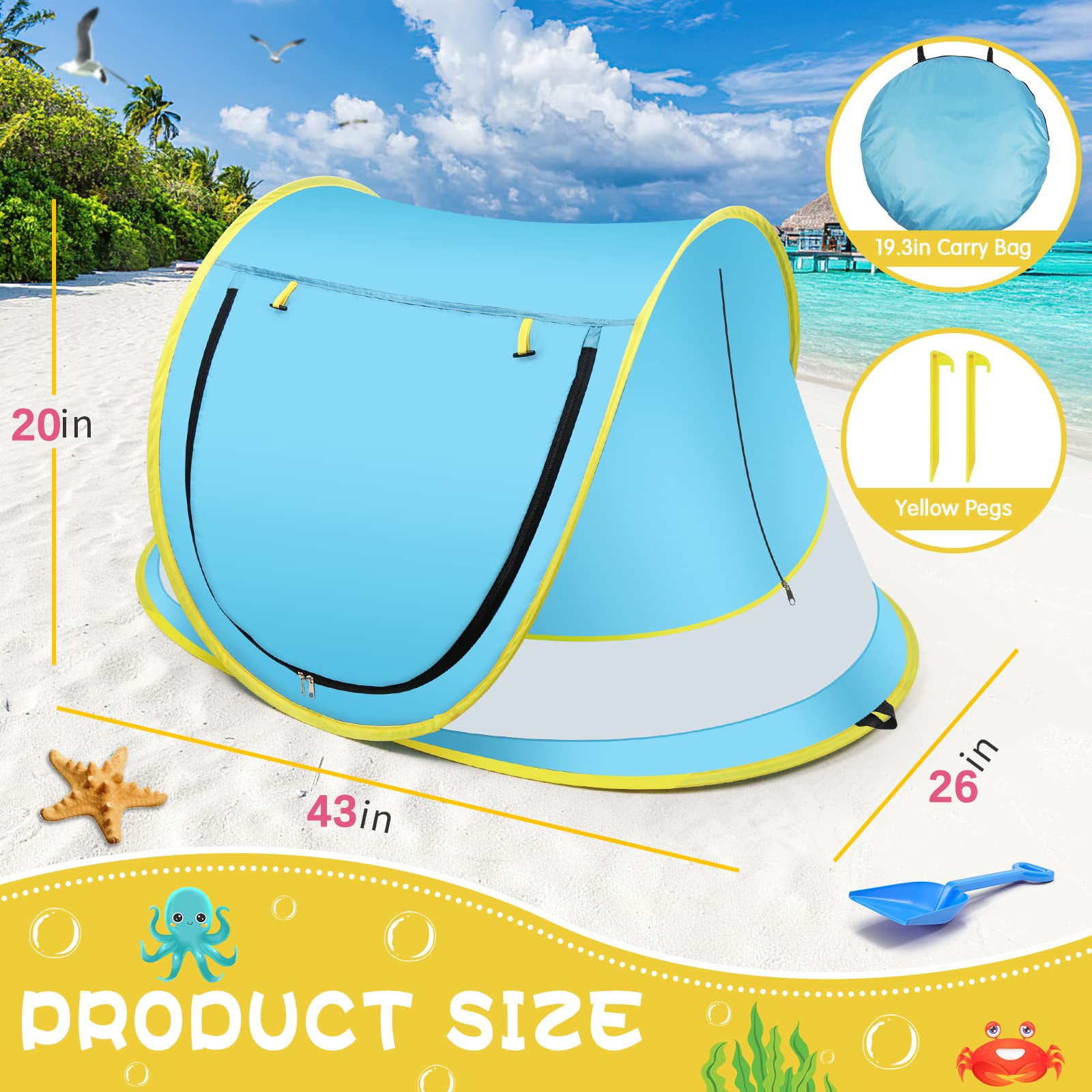 IMMEKEY Baby Beach Tent，Large Pop Up Sun Shade for Beach，Portable Baby Travel Tent with Mosquito Net，UPF 50+ UV Protection Sun Shelters for Infants Blue