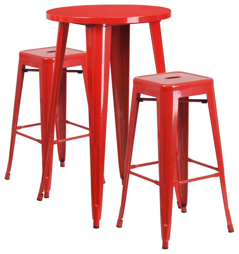 24 quotRound Metal Indoor/Outdoor Bar Table Set  Red   Industrial   Outdoor Pub And Bistro Sets   by First of a Kind USA Inc  Houzz