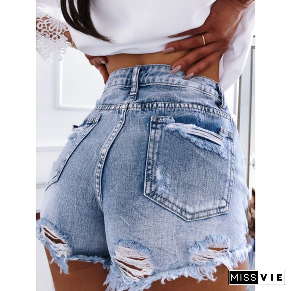 New Women's Fashion High Stretch Ripped Denim Shorts Washed Denim Fashion Summer Slim Fit Skinny Short Jeans