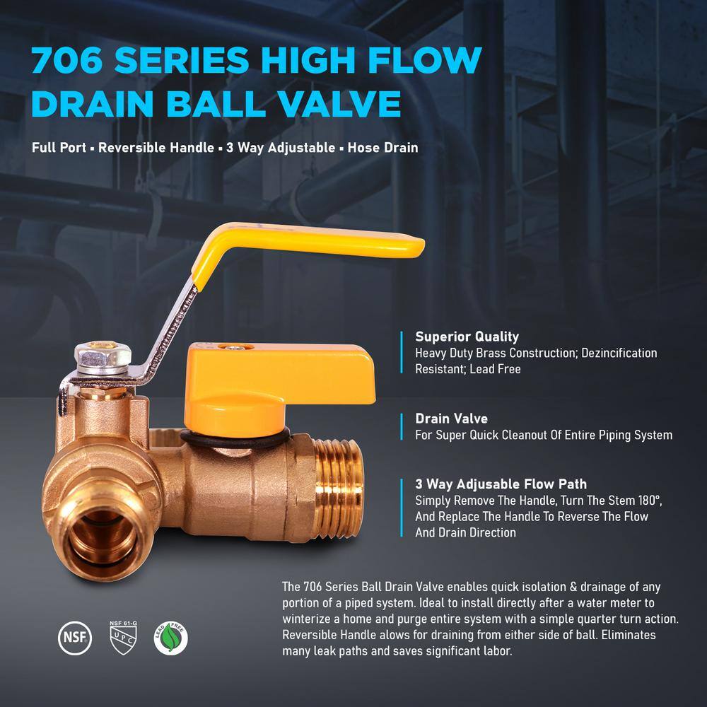 The Plumber's Choice 1-14 in. Press High Flow Drain Ball Valve 3-Way Adjustable Flow Path Brass S928336-N