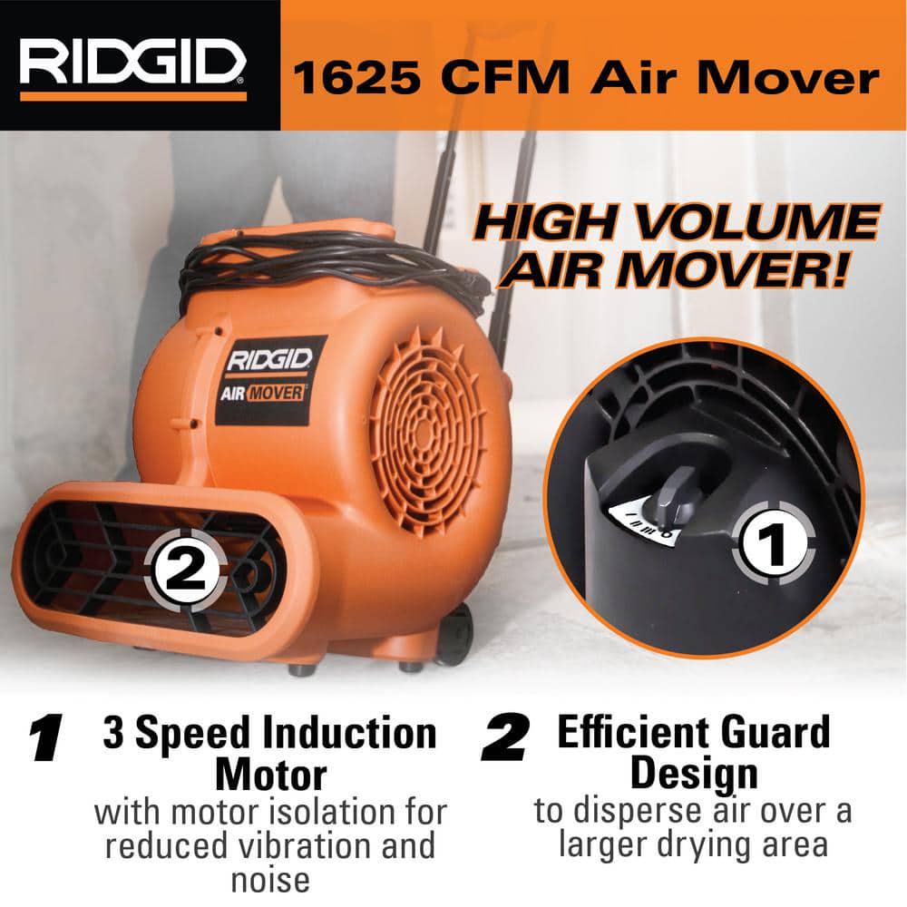 RIDGID 1625 CFM 3Speed Portable Blower Fan Air Mover with Collapsible Handle and Rear Wheels for Water Damage Restoration