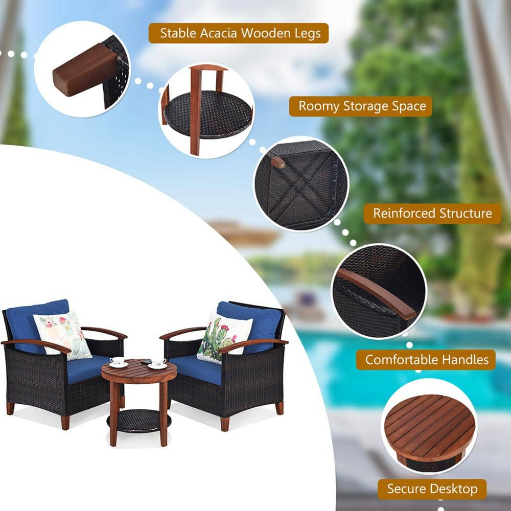 Gymax 3-Pieces Patio Wicker Rattan Conversation Set Outdoor Furniture Set with Blue Cushion GYM05057