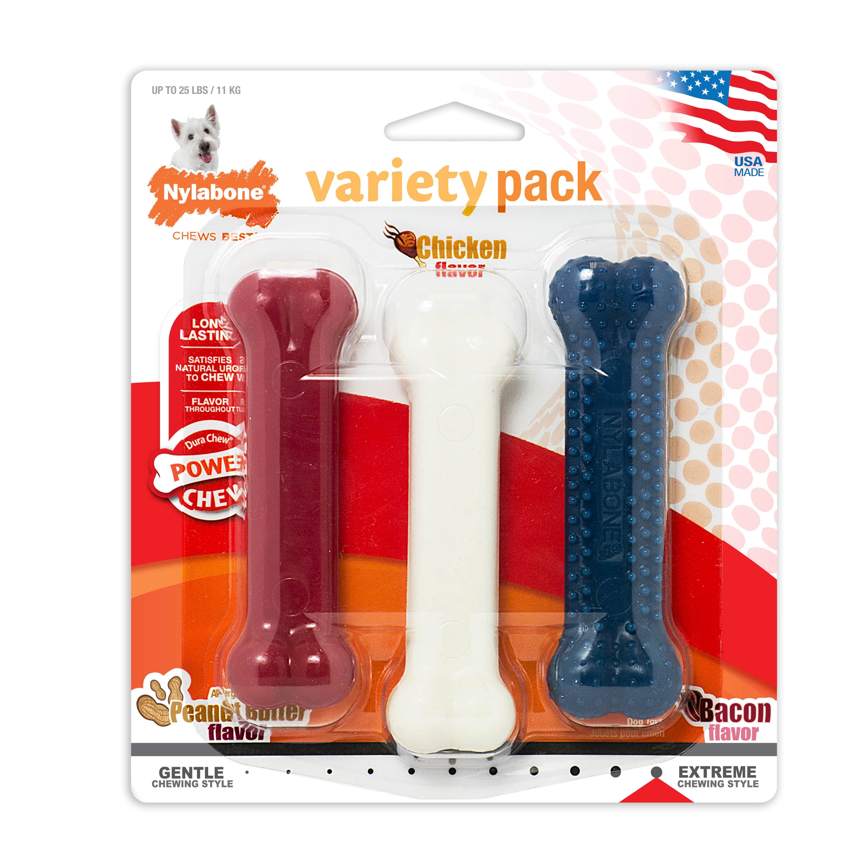 Nylabone Power Chew Variety Triple Pack Chicken， Bacon and Peanut Butter Small/Regular (3 Count)