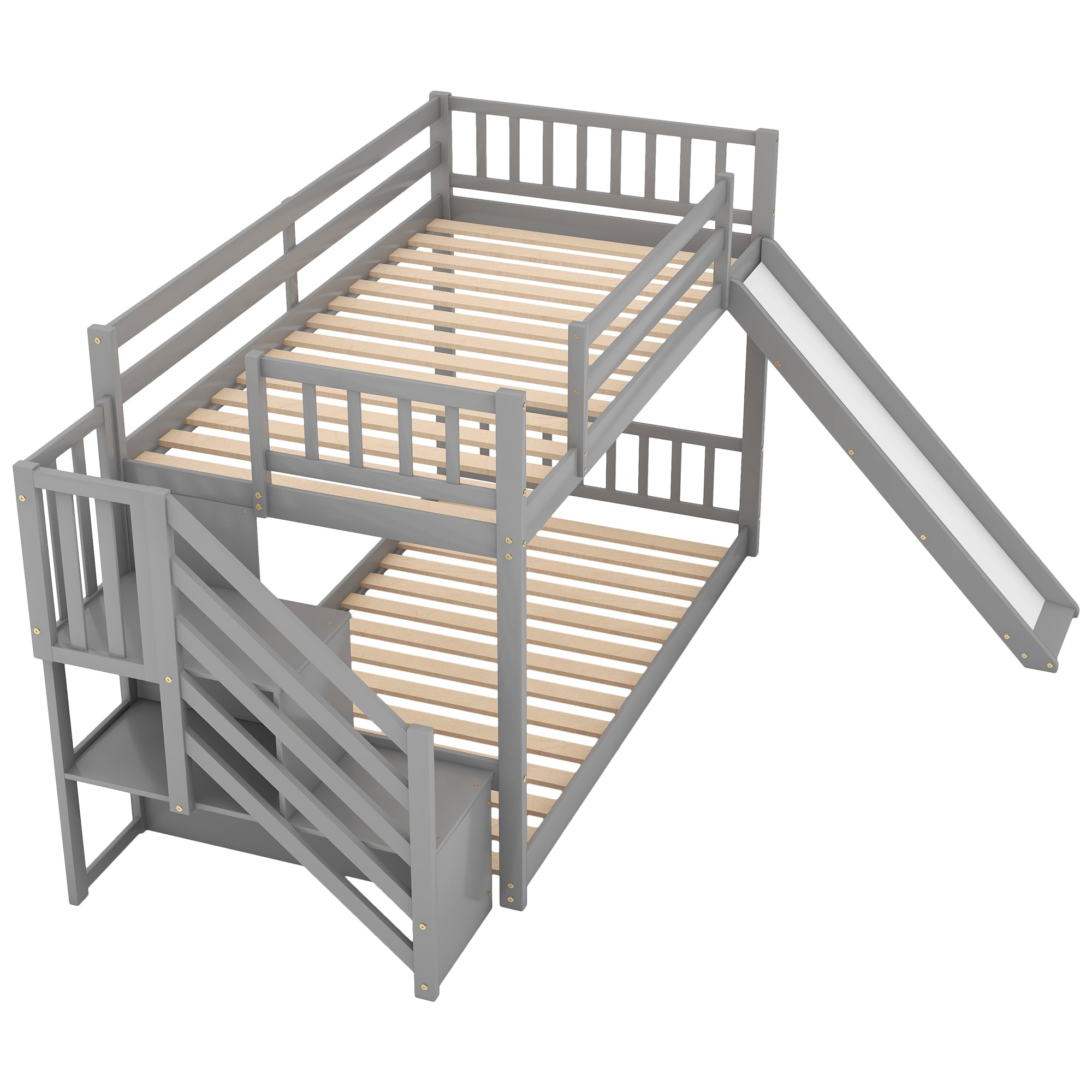 Euroco Twin Over Twin Bunk Bed with Slide and Stairway for Kids, Gray