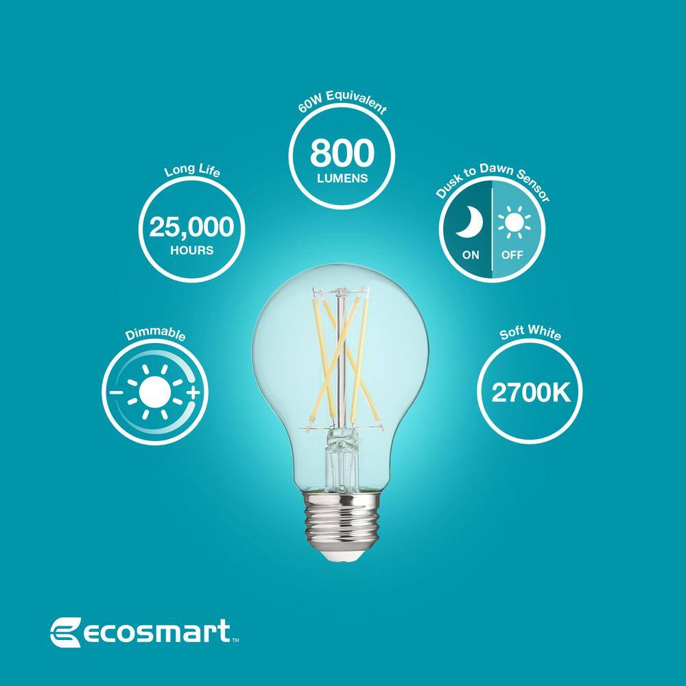 EcoSmart 60-Watt Equivalent A19 Dimmable CEC Dusk to Dawn Clear Glass Filament LED Light Bulb Soft White 11CFA1960WDTD01