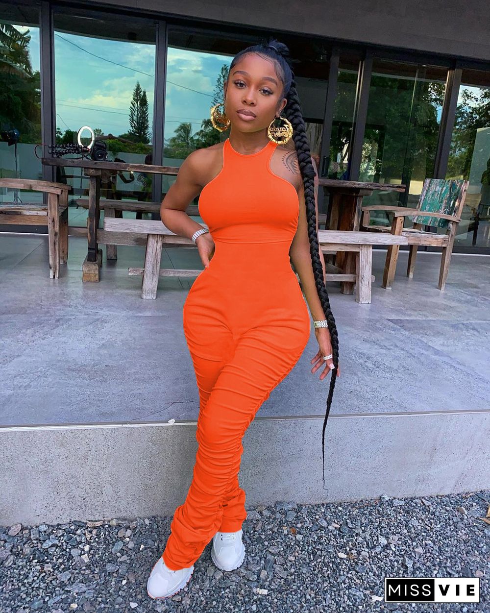 Solid Color Tight Sleeveless Pleated Casual Jumpsuit