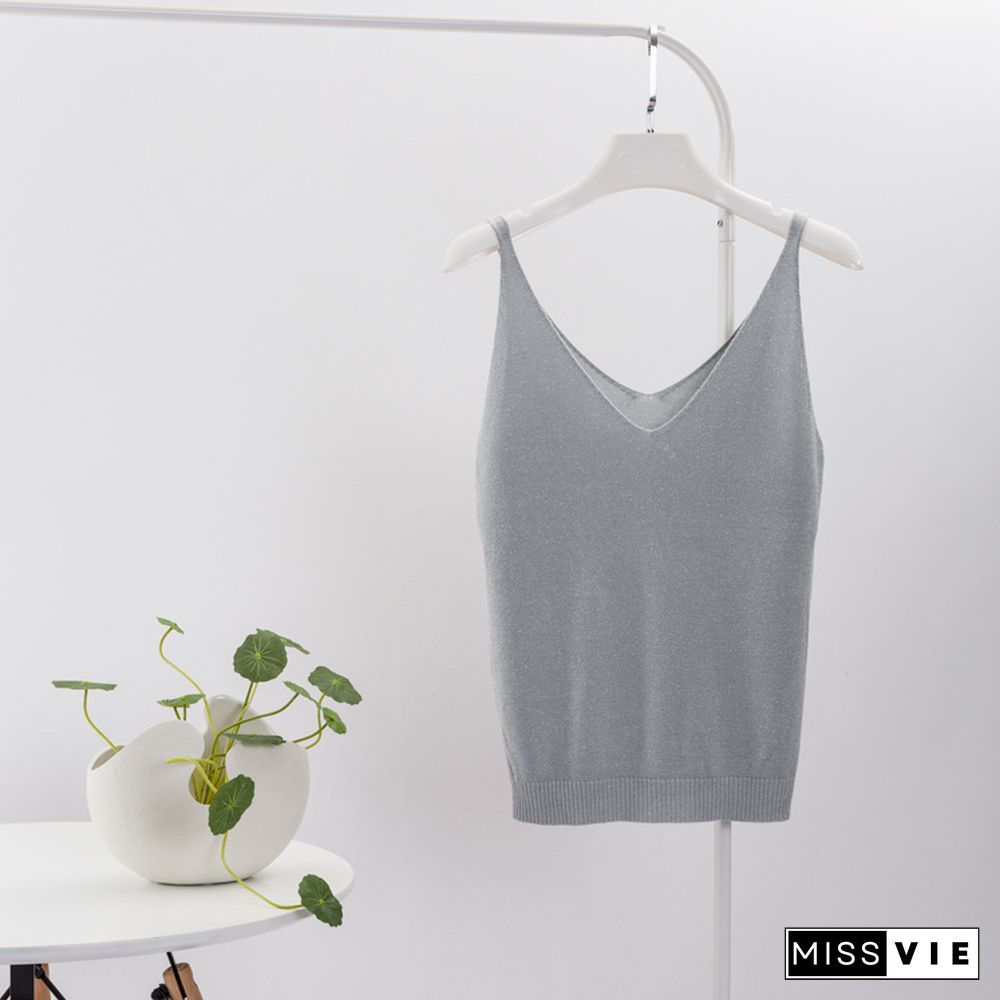 Crop Tops Women Sexy Knitted Tank Top Gold Thread Top Vest Summer Camisole Women White Tank Top Fitness Femme Camis T Shirt