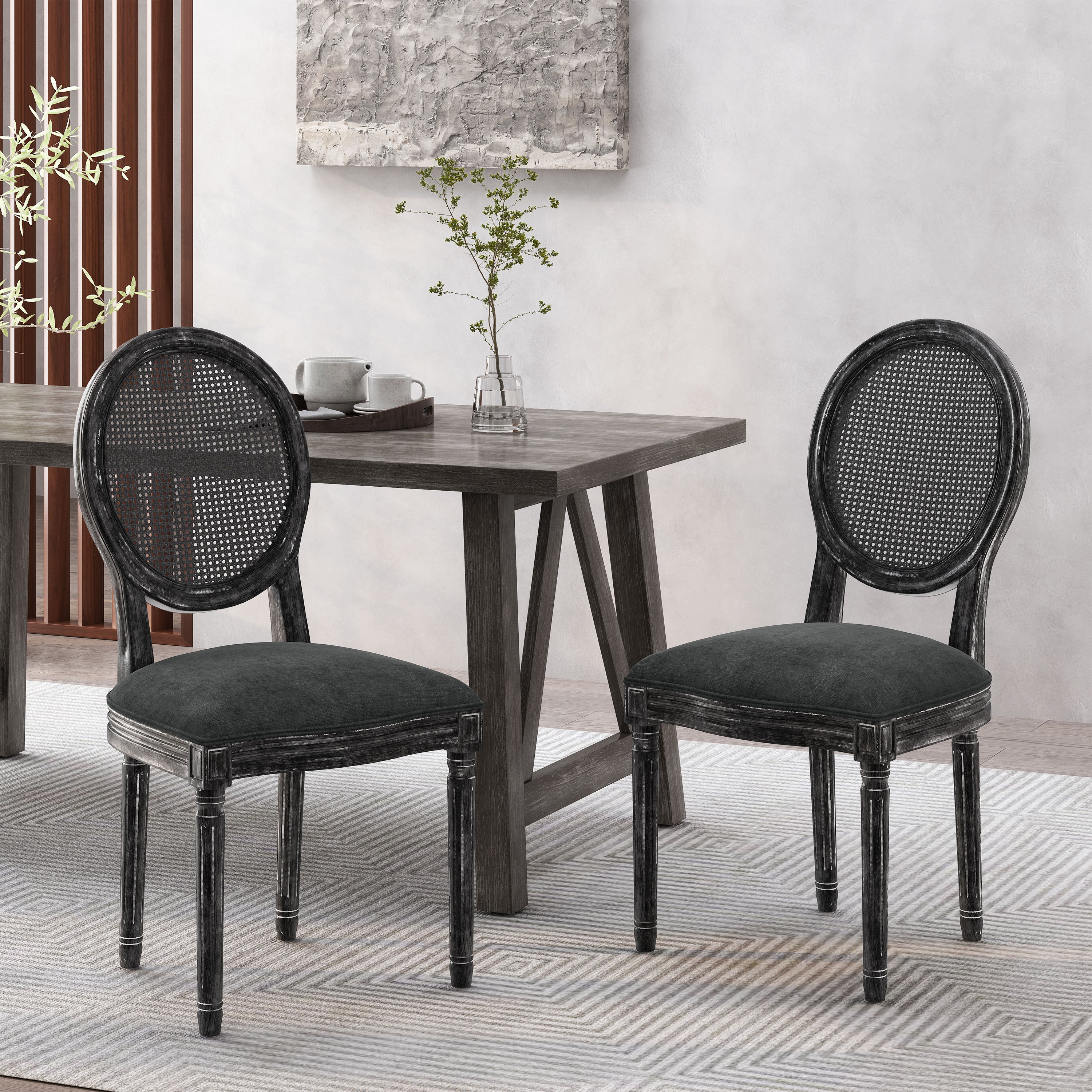 Lintz French Country Wood and Cane Upholstered Dining Chair, Set of 2