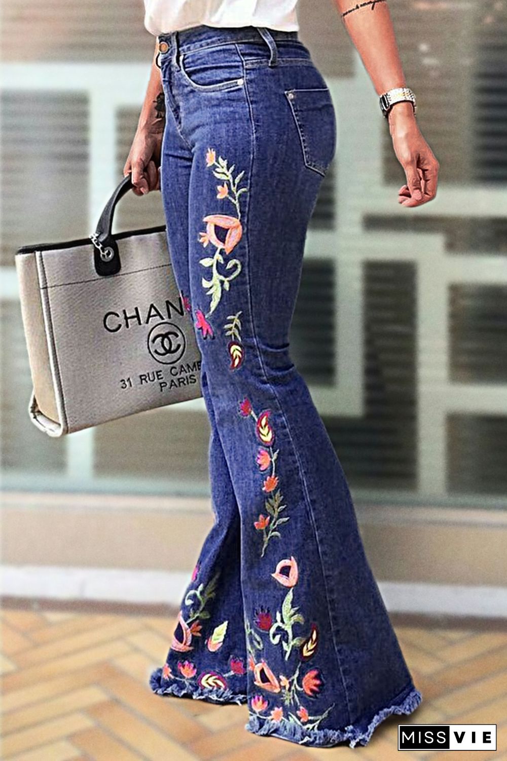 Floral Embroidery Raw Hem Mid Rise Flare Jeans