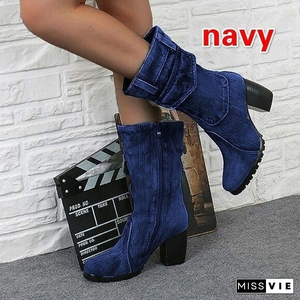 New Fashion Women's Denim Boots Chunky High Heel Mid Calf Boots Ladies Side Zipper Cowboy Boots