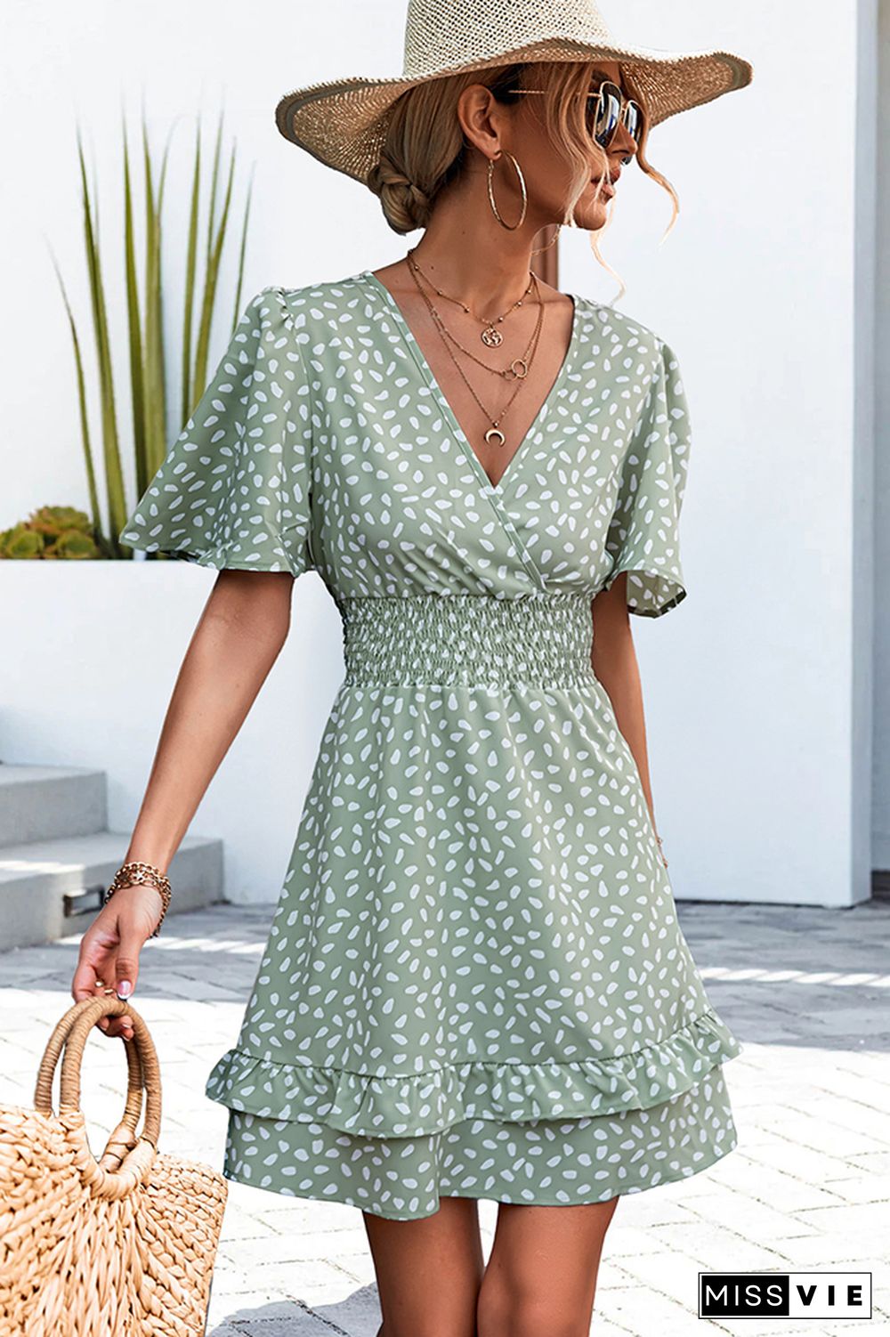 V Neck Flare Sleeves Spot Print Smocked High Waist Dress