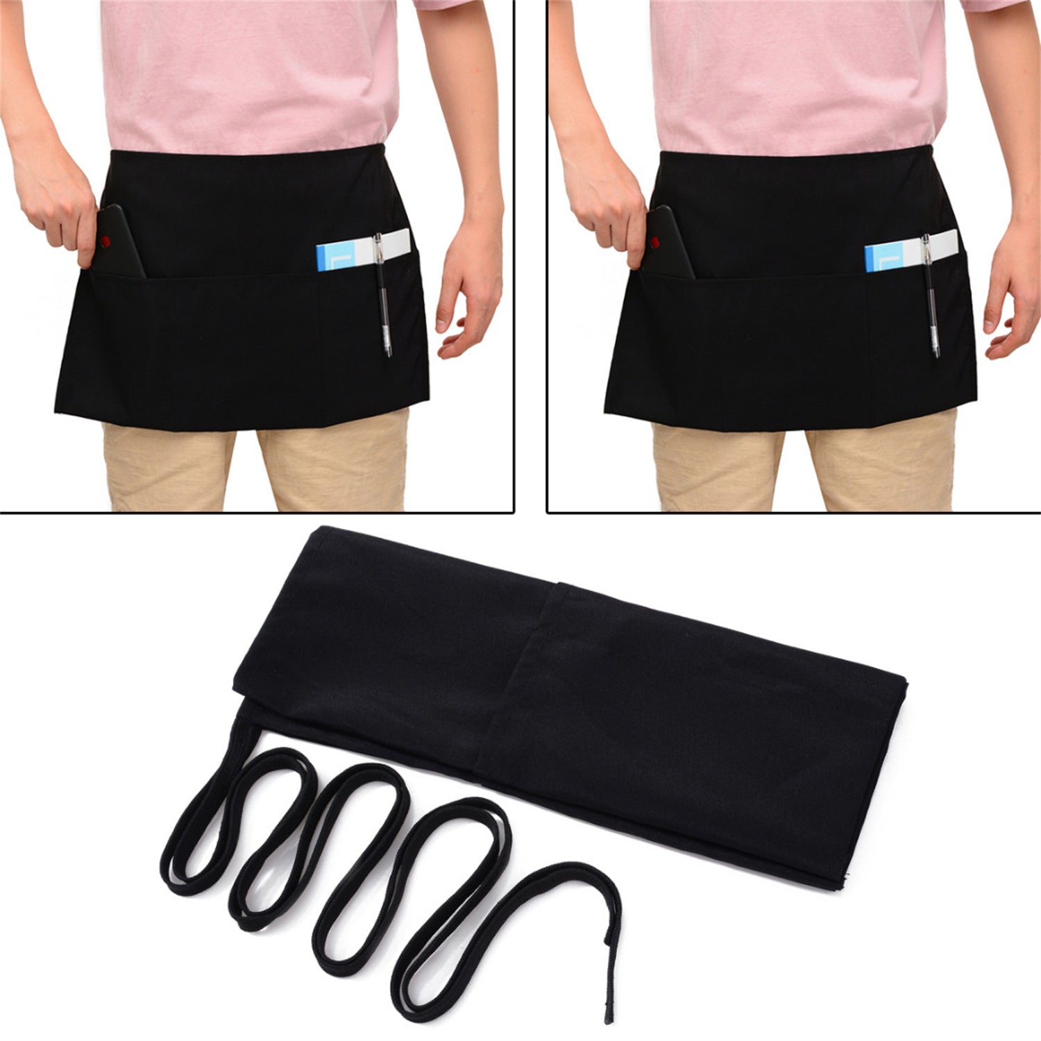 2 Styles Short Waist Apron Restaurant Kitchen Black Half Apron for Cafe Shop BBQ Hairdresser Aprons Bar Kitchen Accessory