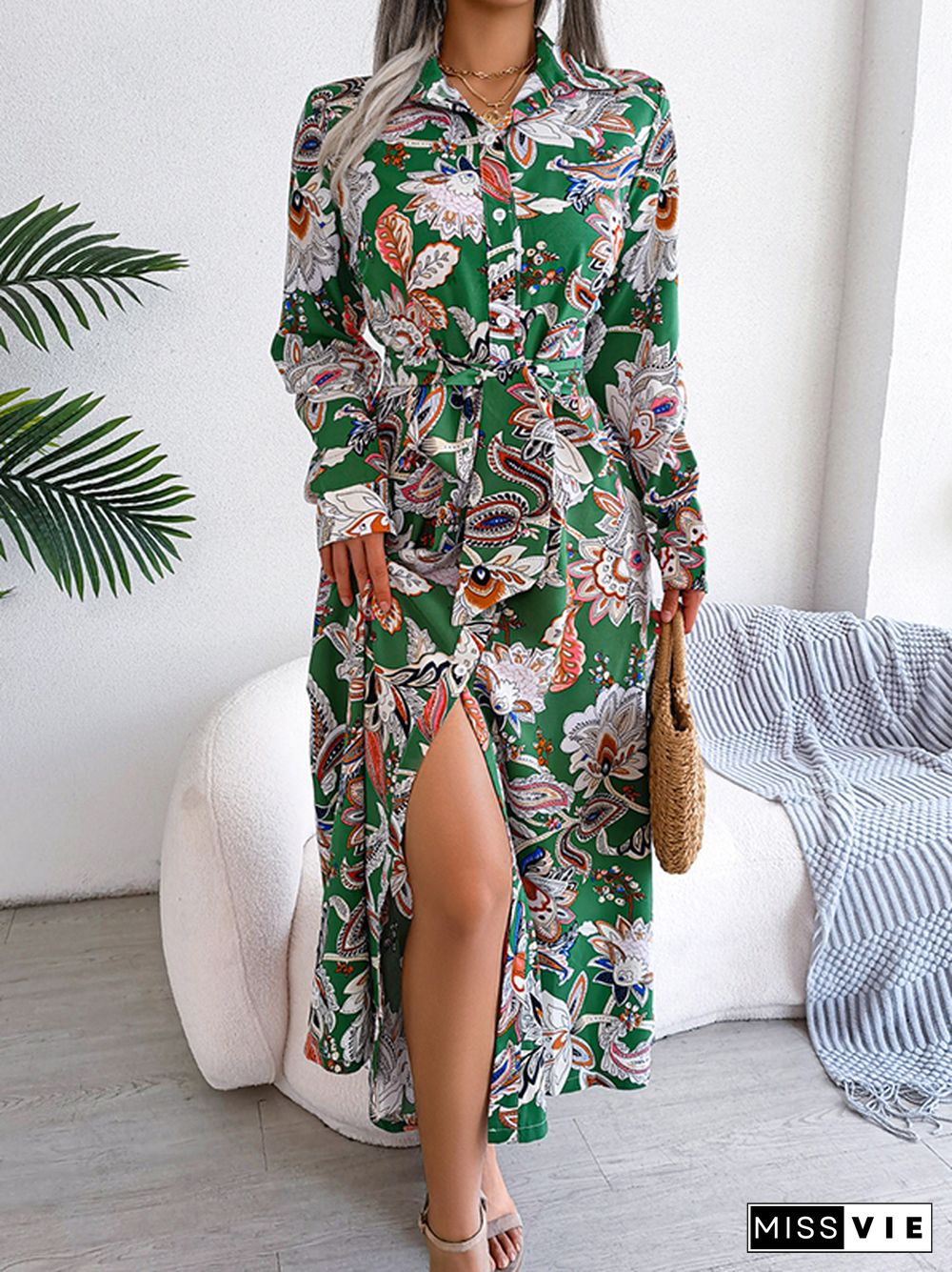 Long Sleeves Buttoned Flower Print Tied Waist Lapel Maxi Dresses