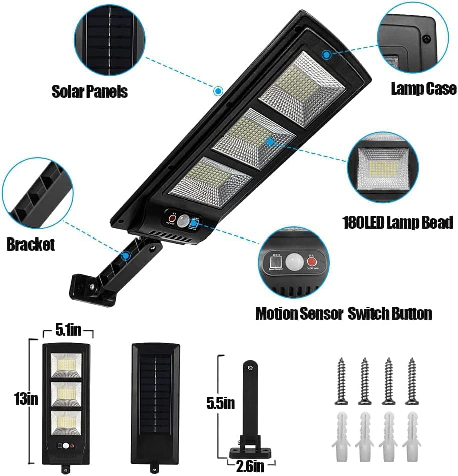 2 Pack Solar Street Lights Outdoor 180 LED Dusk to Dawn Motion Sensor Lights Remote Control Solar Flood Light Parking Lot Lights with 3 Lighting Modes for Garden Garage Backyard Patio