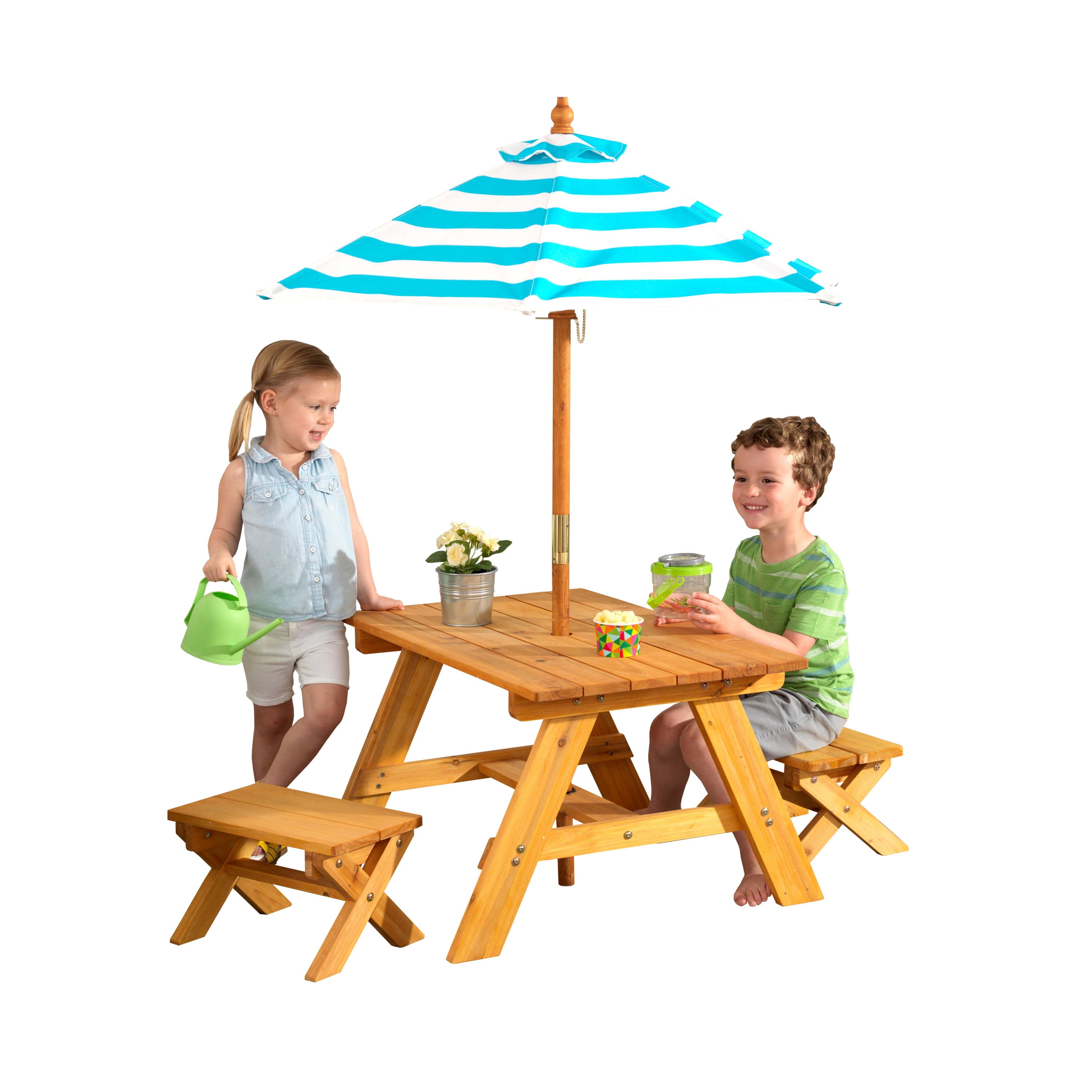 KidKraft Outdoor Wooden Table & Bench Set, Striped Umbrella, Turquoise and White