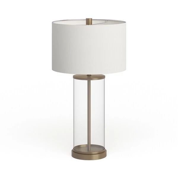 Reeves Cylindrical Clear Glass and Antique Brass Table Lamp with Linen Shade