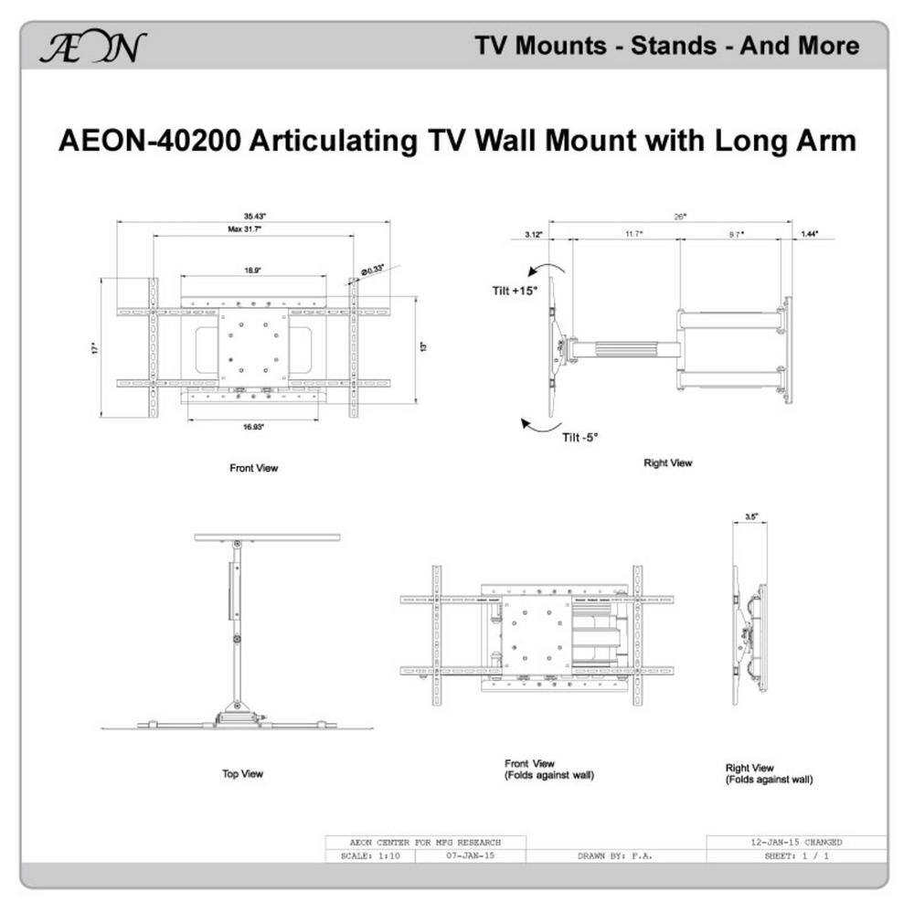 Aeon Stands and Mounts Full Motion TV Wall Mount with Included HDMI Cable Fits 37 in. - 70 in. TV and VESA Compatible 600 mm x 400 mm Aeon-40200