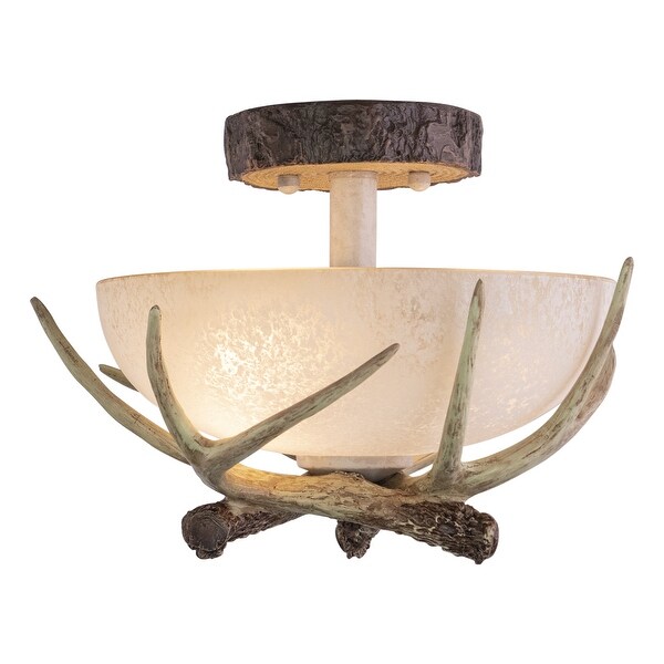 Lodge 12-in W Cream Rustic Antler Bowl Semi Flush Mount Ceiling Light Cream Glass - 12-in W x 9-in H x 12-in D