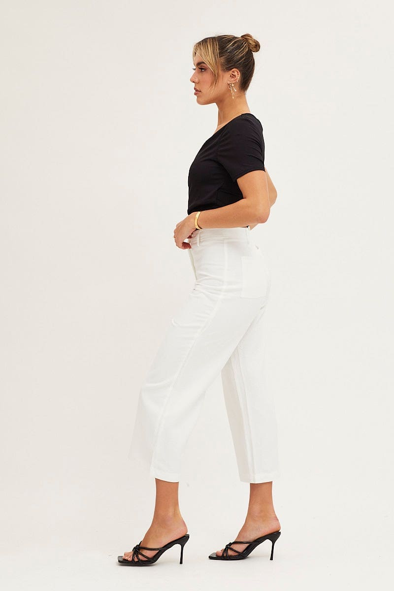 White High Rise Linen Blend Wide Leg Pants