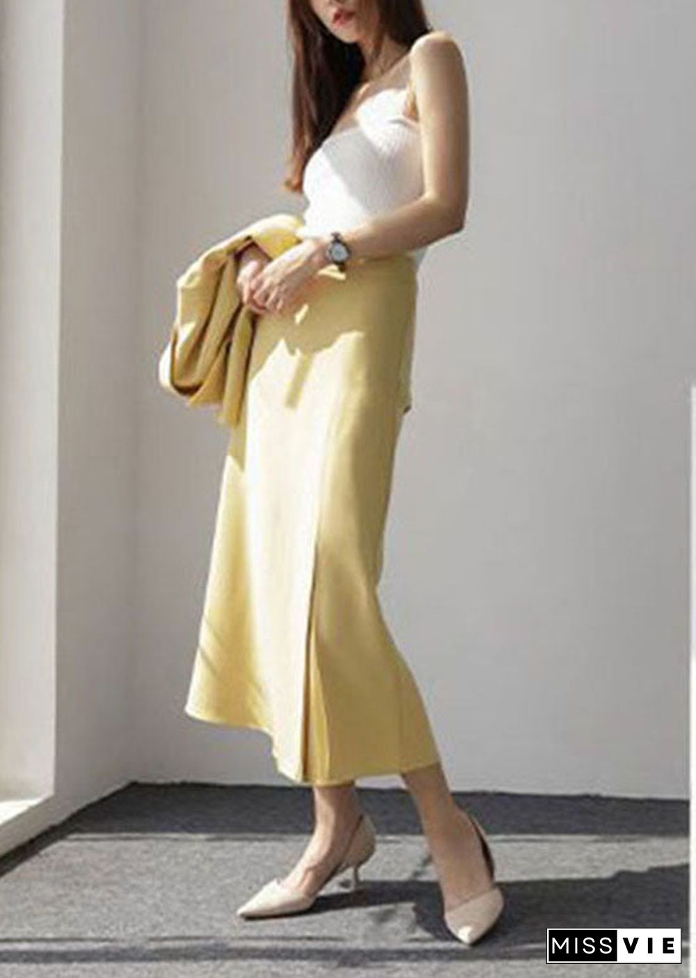 Yellow Front Open Cotton Maxi Skirt Wrinkled Spring