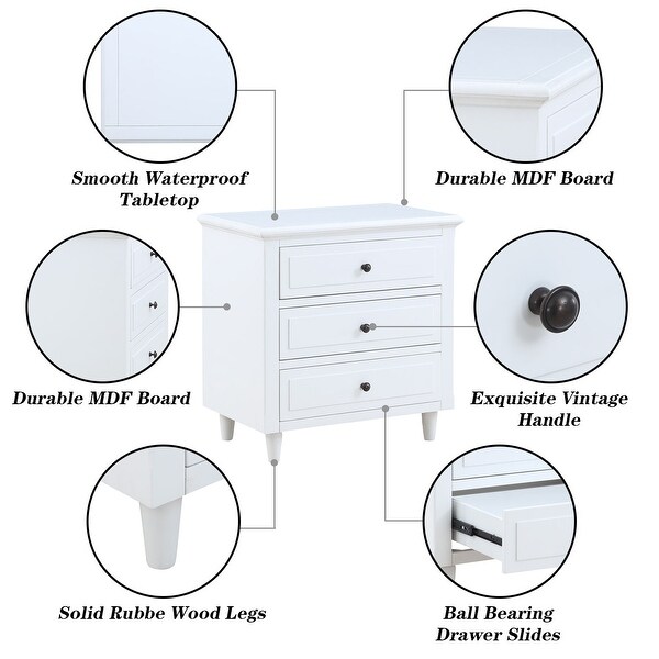 Modern Vintage 3 Drawer Wood Nightstand， White Wood Bedside Table， Side End Table for Bedroom， Living Room， Office - - 35651525