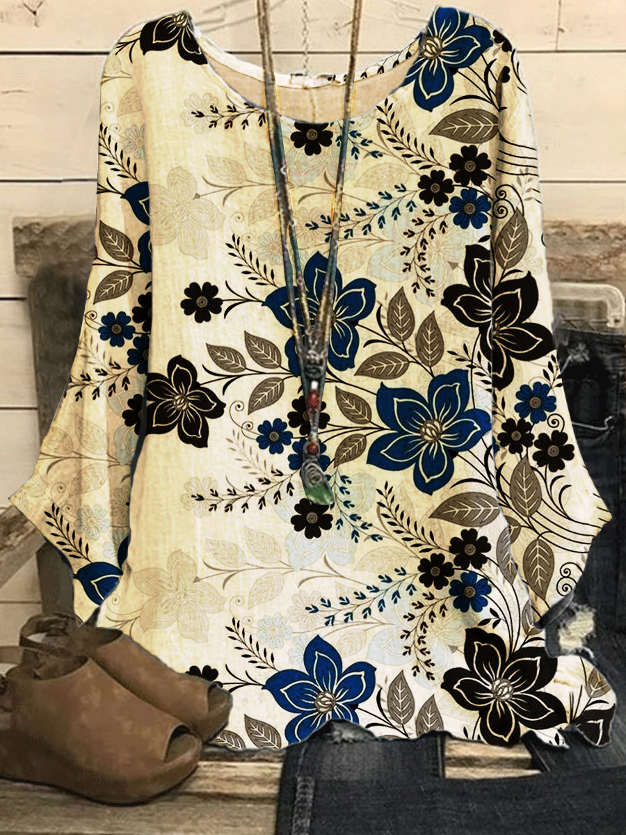 Round Neck Casual Loose Floral Print Long Sleeve Blouse