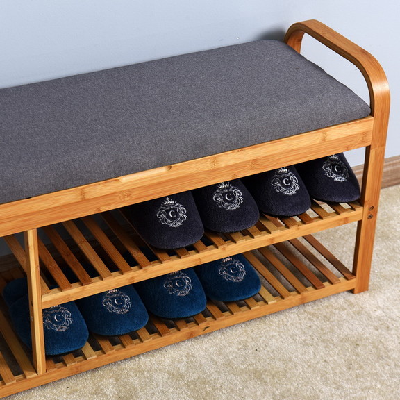 Living Room Bamboo Storage Bench  Entryway 3 Shelv...