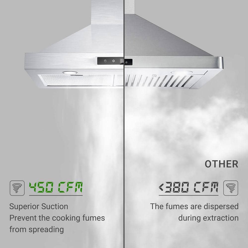 Edendirect 30 in Range Hood Wall Mounted Ducted 600 CFM Touch Panel Kitchen Stainless Steel Vented with Light