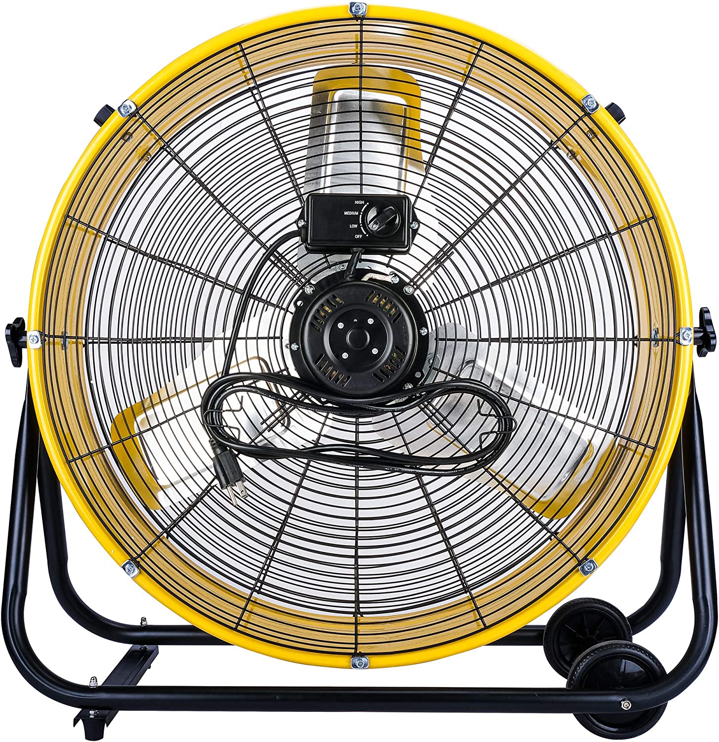 Tornado 24 Inch High Velocity Heavy Duty Tilt Metal Drum Fan Yellow Commercial， Industrial Use 3 Speed 8540 CFM 1/3 HP 8 FT Cord UL Safety Listed