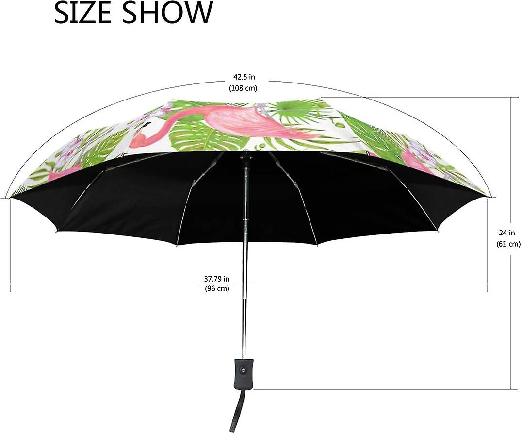 Travel Umbrella Automatic Windproof Foldable Umbrella Pink Flamingos Green Leaves