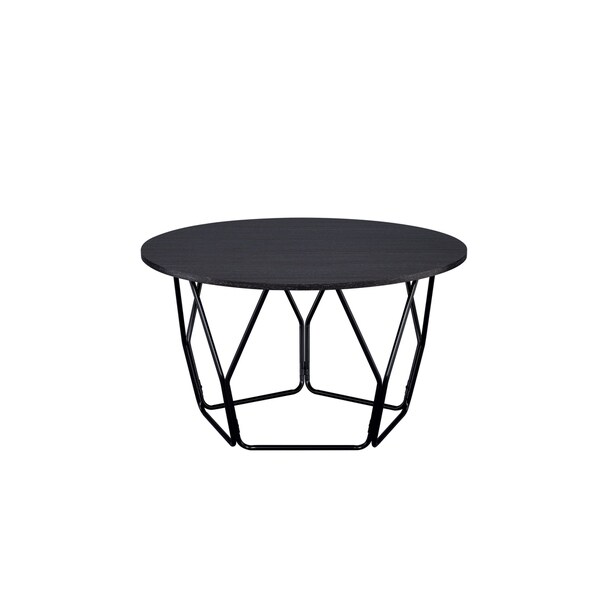 Industrial Round Top Wooden Coffee Table with Geometric Base， Black