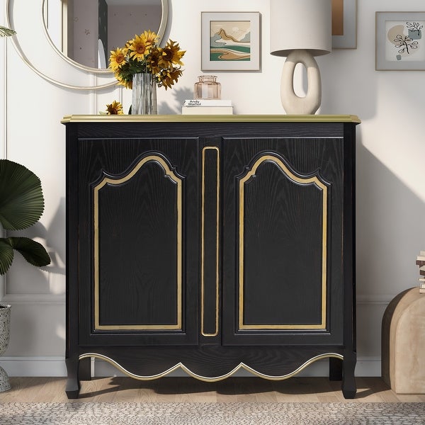 Accent Storage Cabinet with 2 Doors，Pure Hand Drawn，Solid Wood Legs