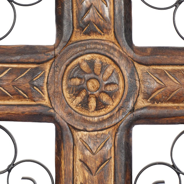 Mango Wood Biblical Carved Cross Wall Decor With Metal Scrollwork Brown Olivia amp May