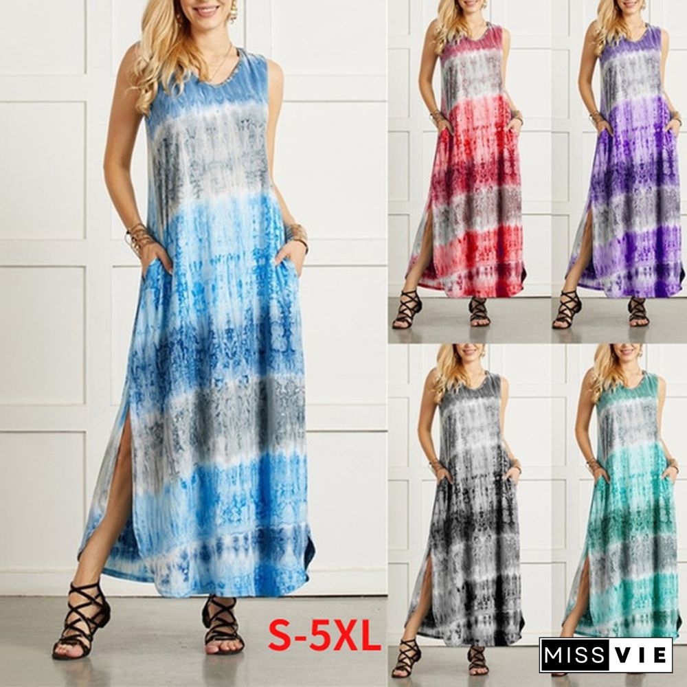 Womens Bohemia Sleeveless Maxi Dress Summer Casual Loose Tie Dye Printing Long Sundress Plus Size