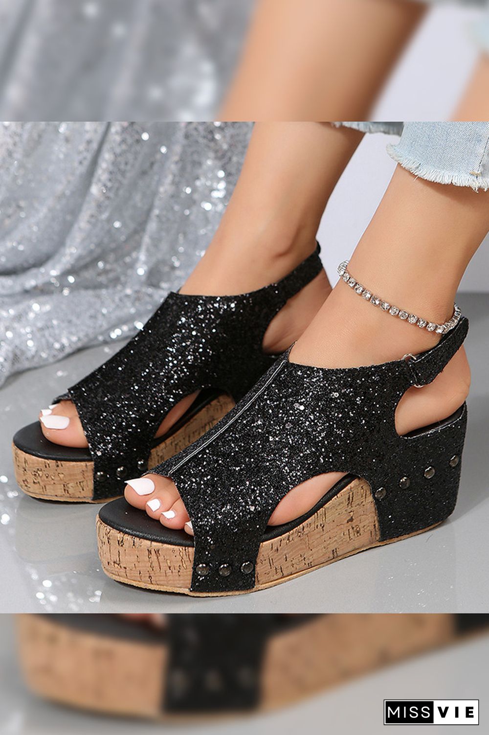 Bling Glitter Rivet Wedge Sandals