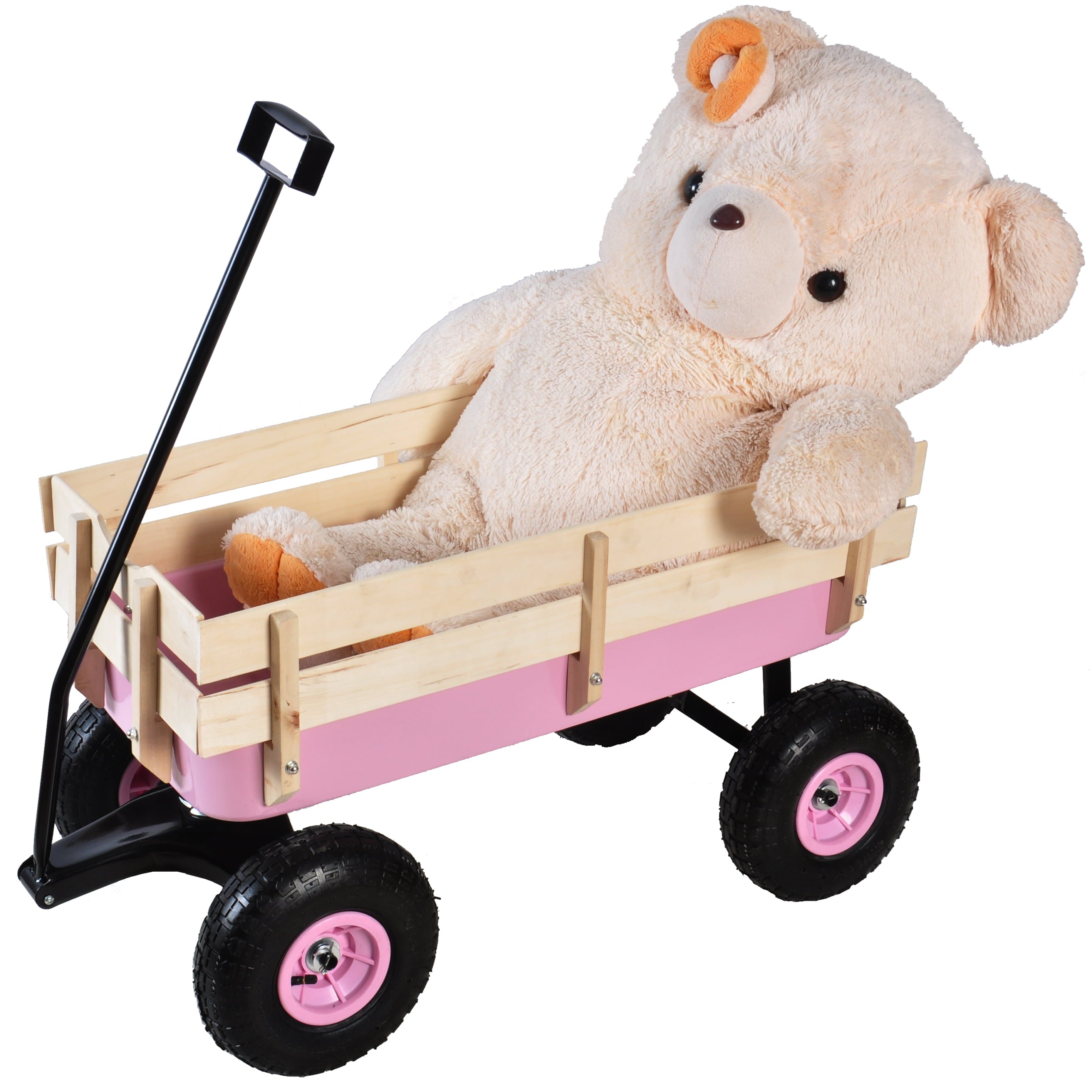 Beach Wagons for Kids Children, Outdoor Wagon All Terrain Pulling with Removable Wooden Railing and Air Tires, Toy Wagons for kids to Pull, Garden Wagon for Camping, Pink