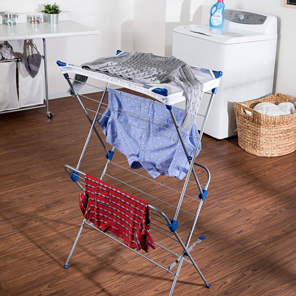 Honey-Can-Do 17 in. W x 41.5 in. H Silver and Blue Steel 2-Tier Mesh Top Drying Rack DRY-09232