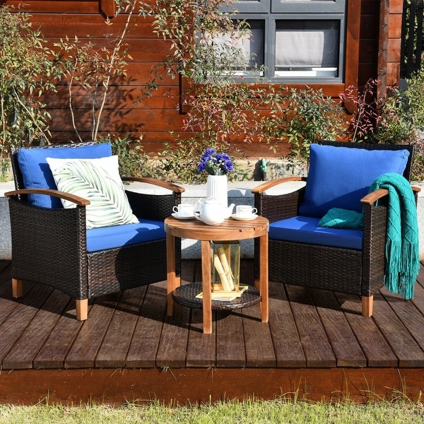 3Piece Patio Rattan Furniture Set with Solid Wood Frame