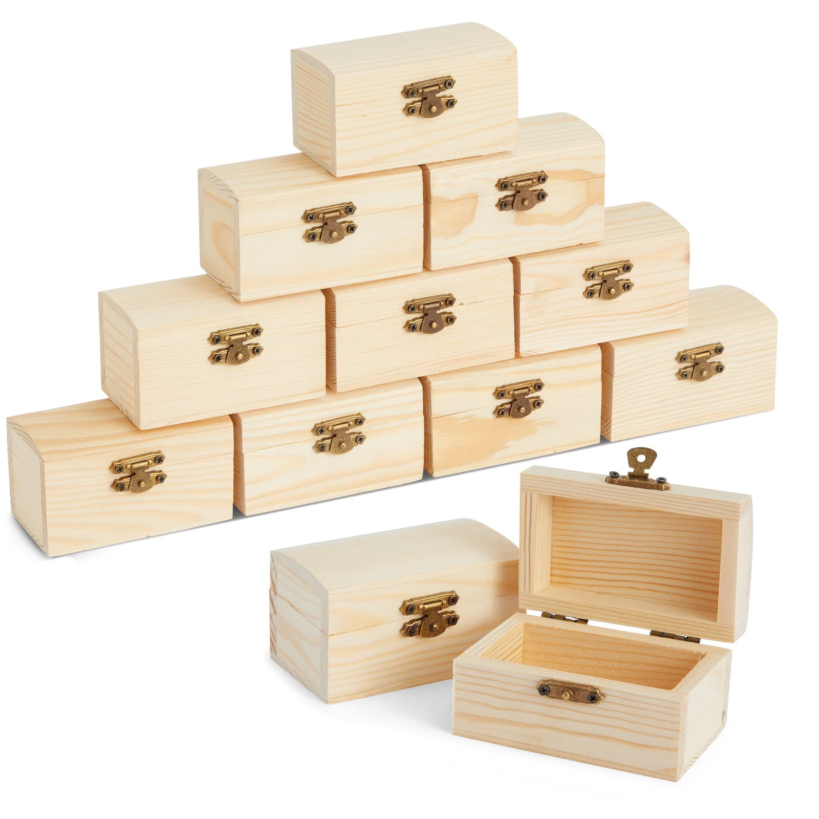 12 Pack Unfinished Wooden Boxes for Crafts, Party Favors for Birthday Parties, Baby Shower, Treasure Chest with Lid and Clasp, Pirate Decorations, 3.5 x 2.2 x 2 in