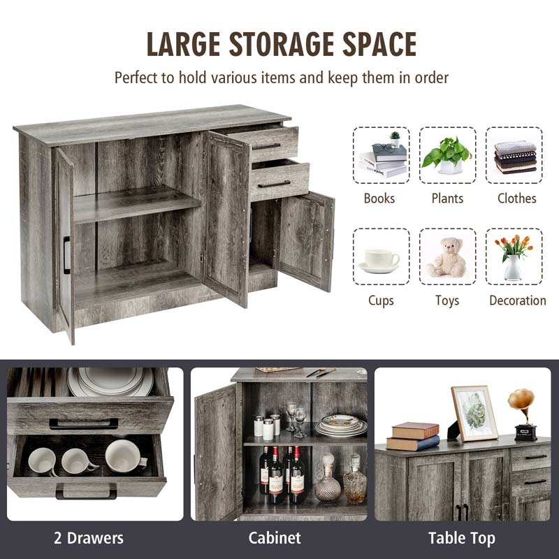 Gray Buffet Server Sideboard Storage Cabinet Console Table Utensils Organizer with 2-Door Cabinet & 2 Drawers