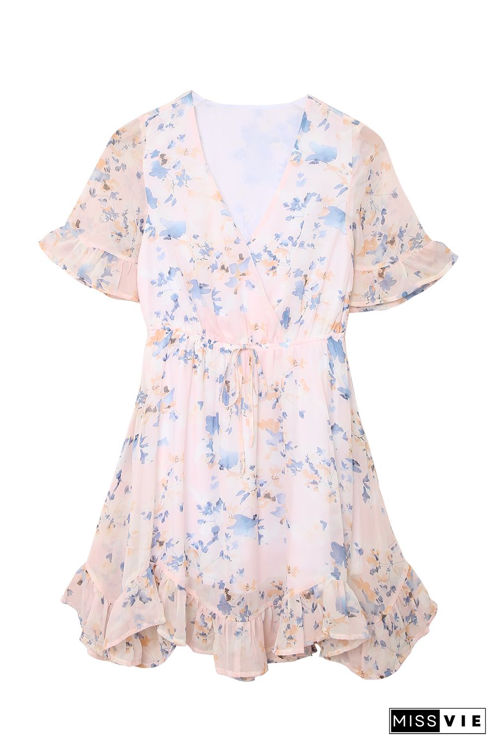 Pink Floral Print Flared Sleeve Ruffle Dress