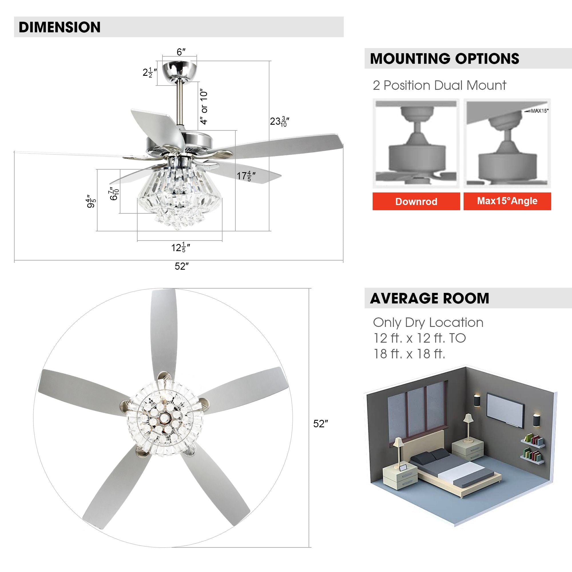 Parrot Uncle Ceiling Fan with Lights Remote Control 52