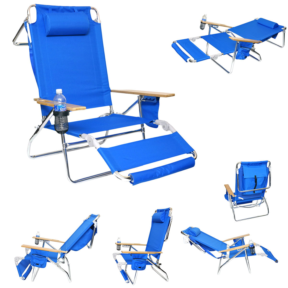 Deluxe 3 in 1 Lay Flat Aluminum Beach Chair Lounger with Drink Holder and Large Storage Pouch