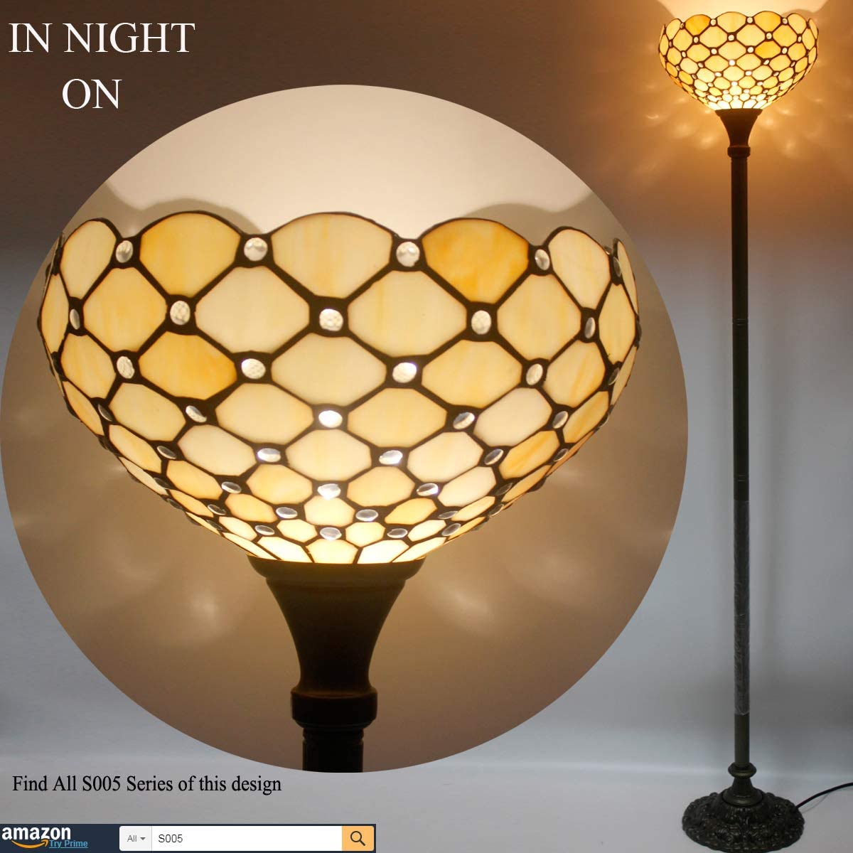 BBNBDMZ Tiffany Floor Lamp Cream Amber Stained Glass Bead Light 12X12X66 Inches Pole Torchiere Standing Corner Torch Uplight Decor Bedroom Living Room  Office (LED Bulb Included) S005 Ser