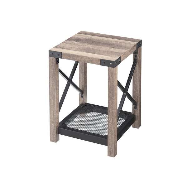 Wood Side Table with Mesh Shelf X-Design Side Nightstand Storage Shelf