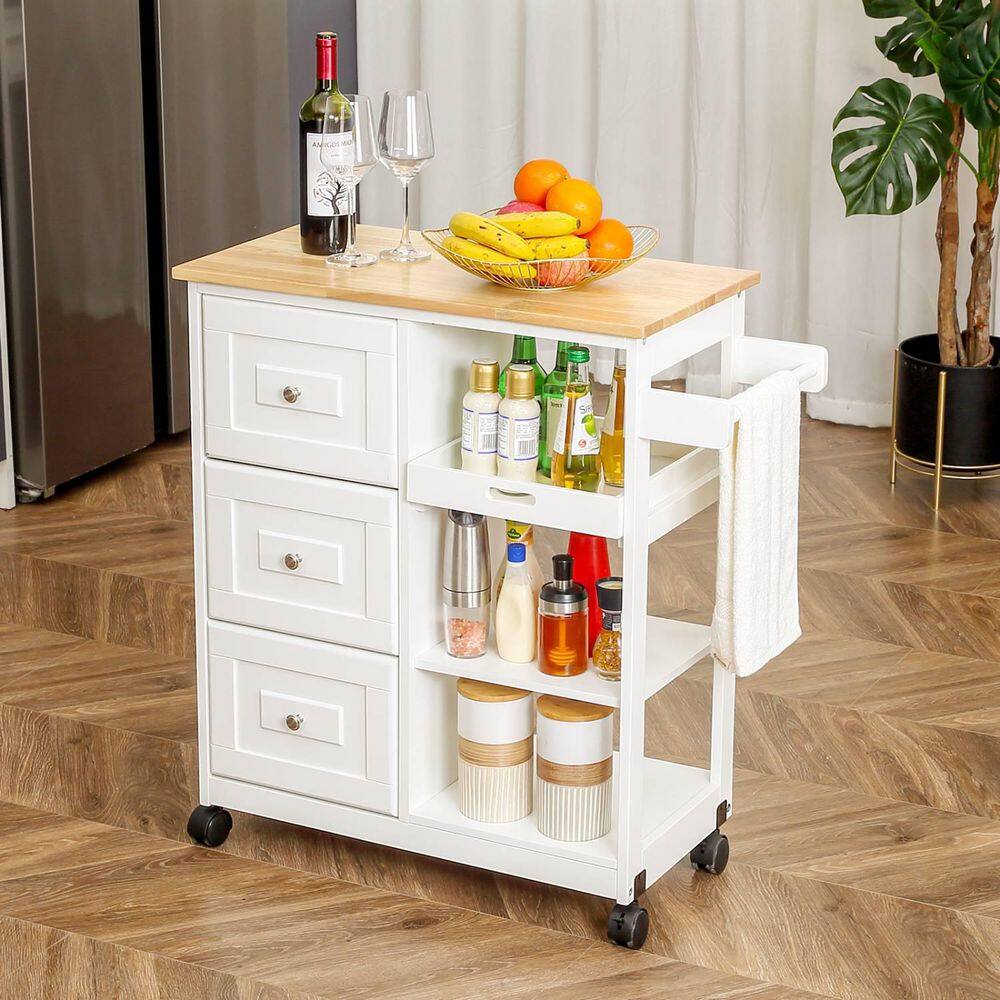 White Kitchen Islands with Storage Lockable Utility Kitchen Carts On Wheels with Countertop Drawer Open Shelves 1009-KITCH-WHIT