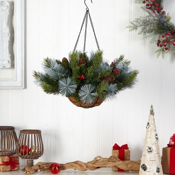 24 PreLit Pine and Berries Artificial Christmas Hanging Basket，LED Lights