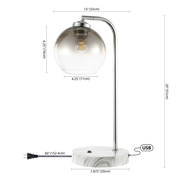 Ada Industrial Contemporary Iron glass Led Task Lamp With Usb Charging Port Chrome smoke Gray includes Led Light Bulb Jonathan Y